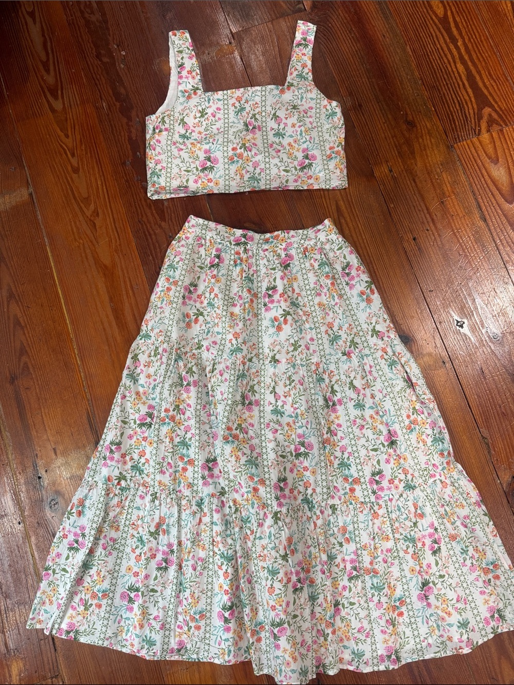 J. Marie Floral Crop Top & TieredMaxi Skirt Set - White with Pink & Green Floral